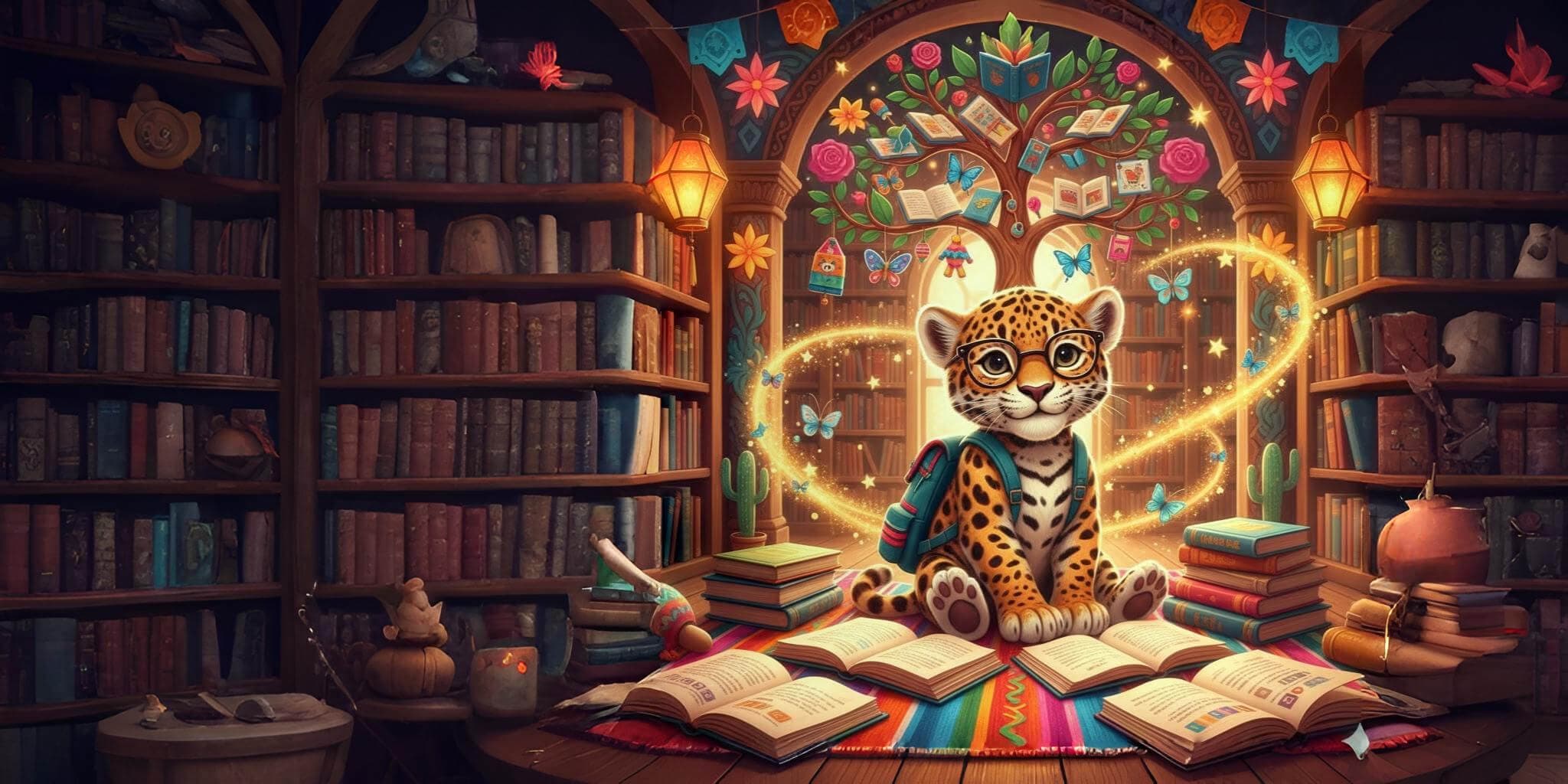 A magical library scene with a cute raccoon character reading a glowing book surrounded by colorful children's books and sparkling stars